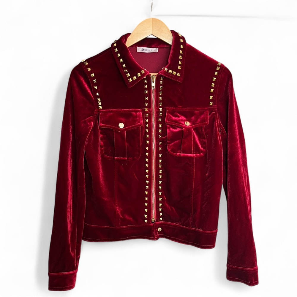 Red Velvet Jacket with Gold-toned Studs Glam Rock 80s